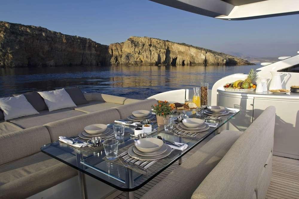 a table with plates and food on it aboard SOLARIS Yacht for Charter