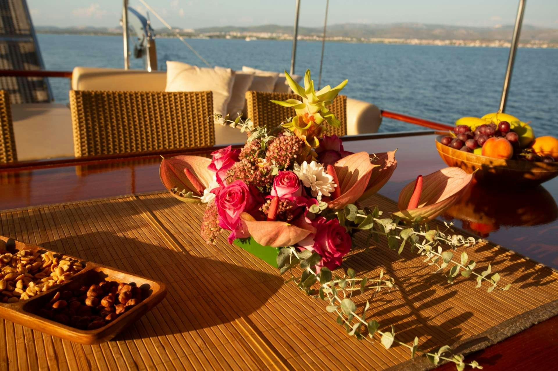 a table with food on it aboard Malena Yacht for Charter