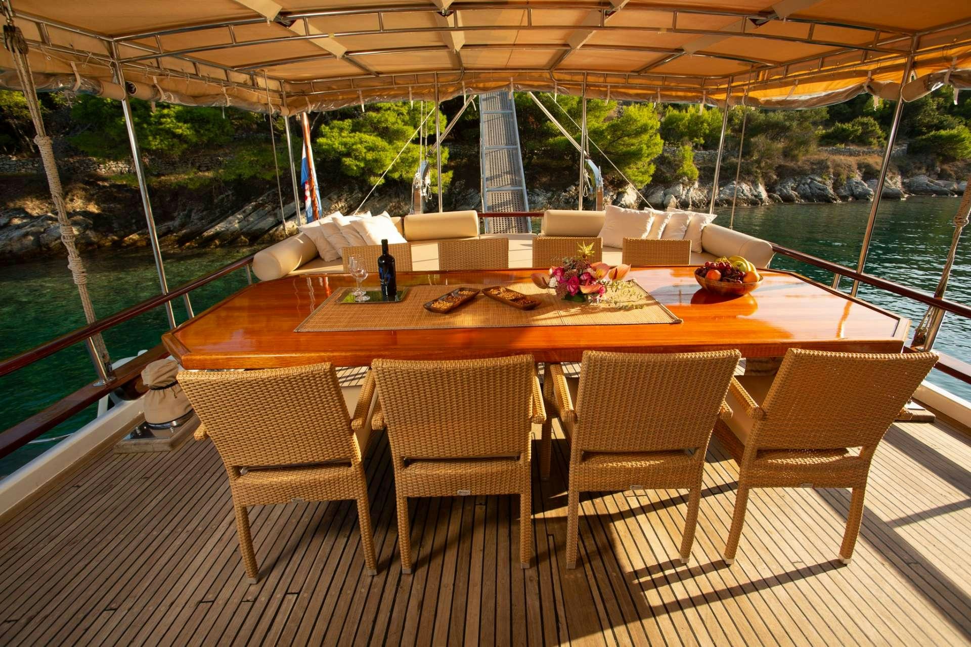 a table set up on a deck aboard Malena Yacht for Charter