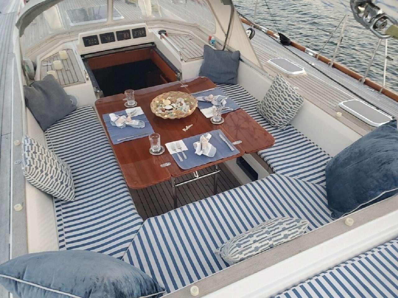 a table with a plate and a glass on it aboard aquila Yacht for Charter