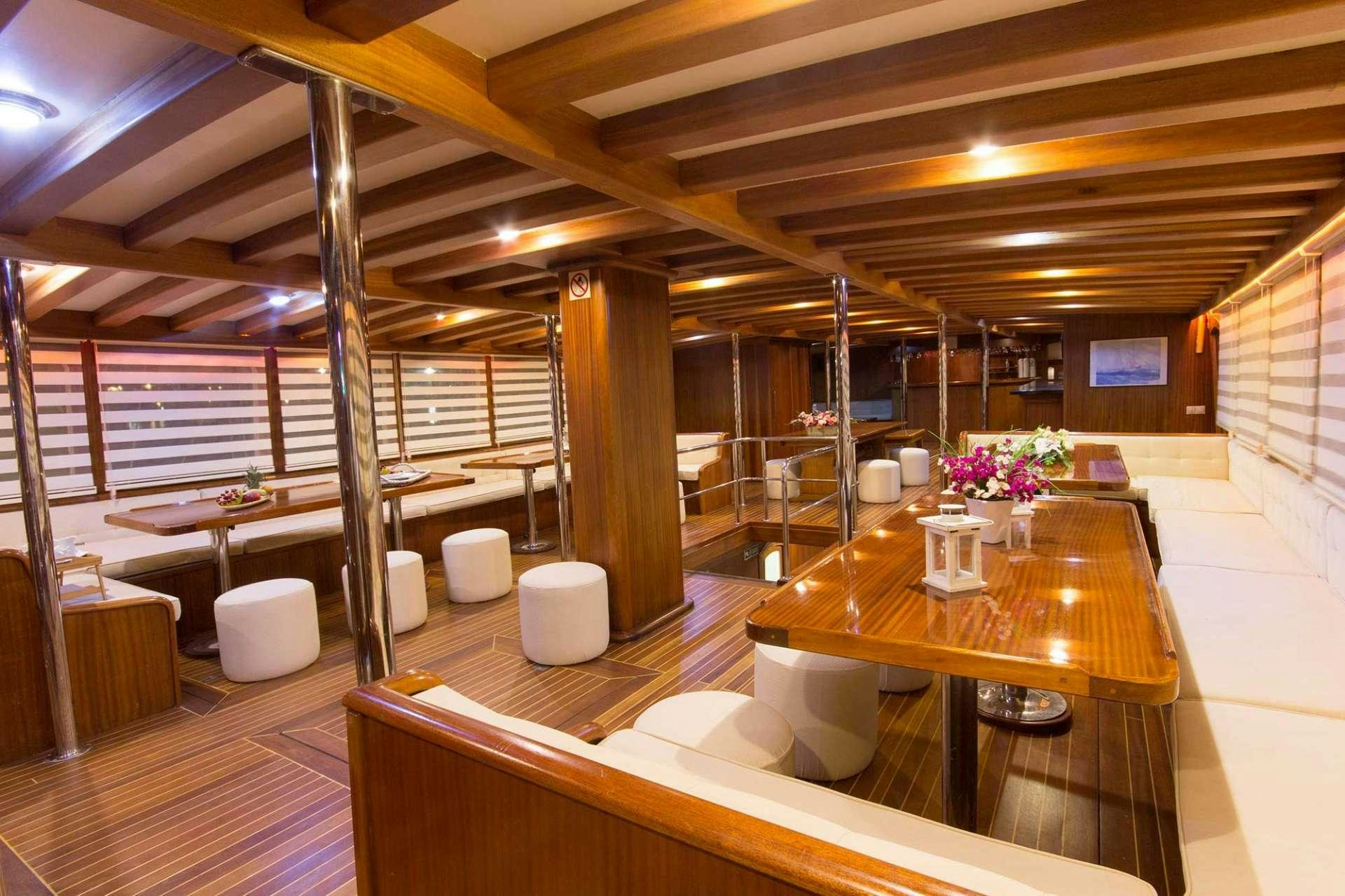 a room with tables and chairs aboard ATHENA Yacht for Charter