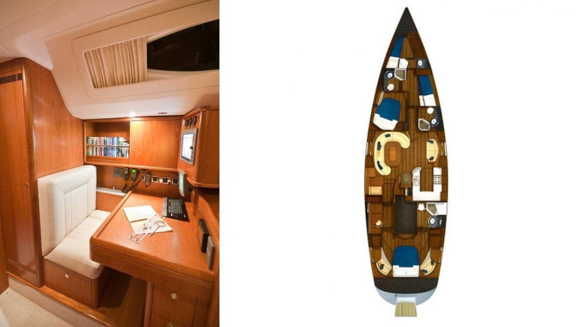 a desk with a computer on it aboard MUSTIQUE Yacht for Charter