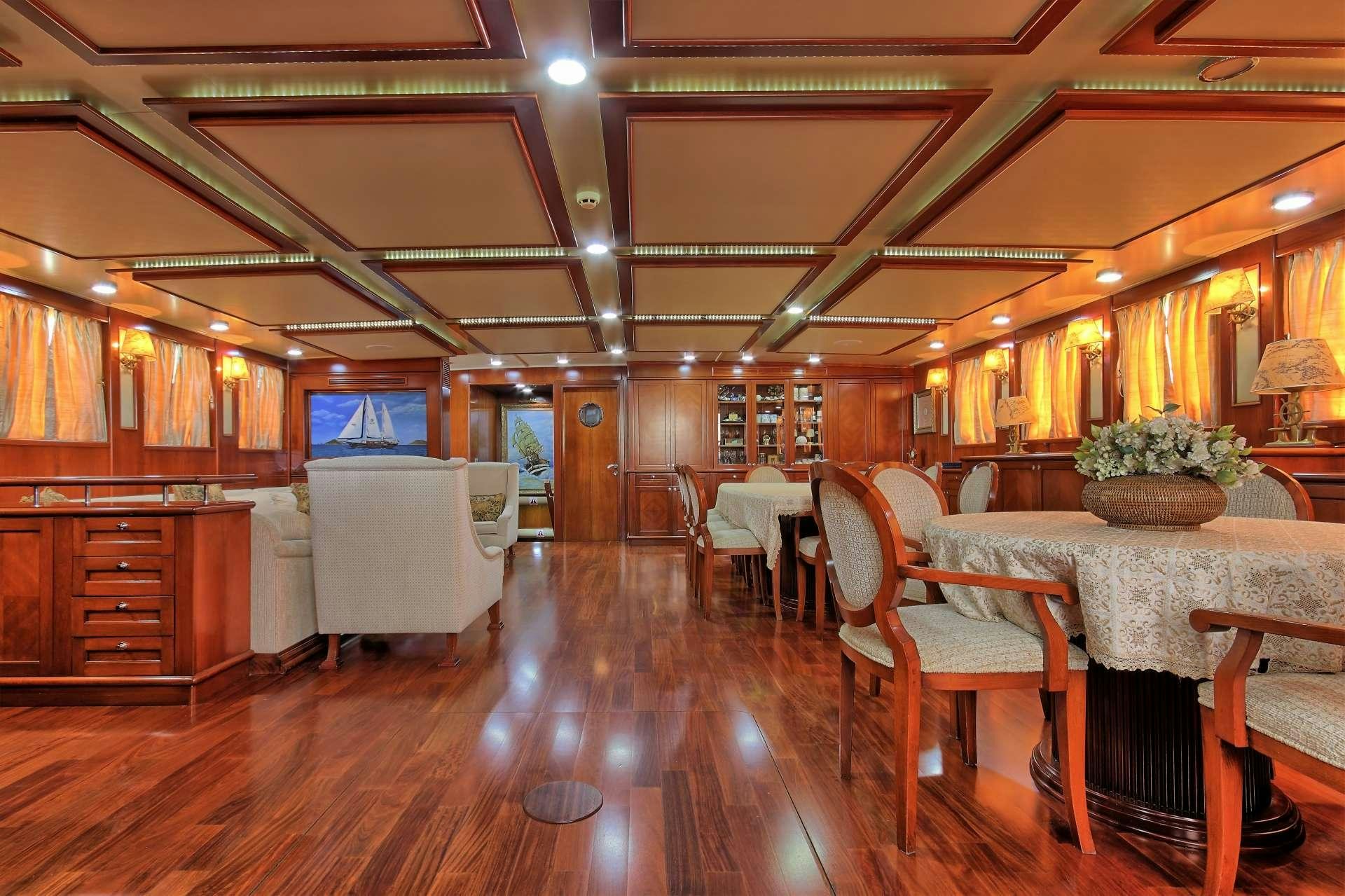 a large room with tables and chairs aboard SEA DREAM Yacht for Charter