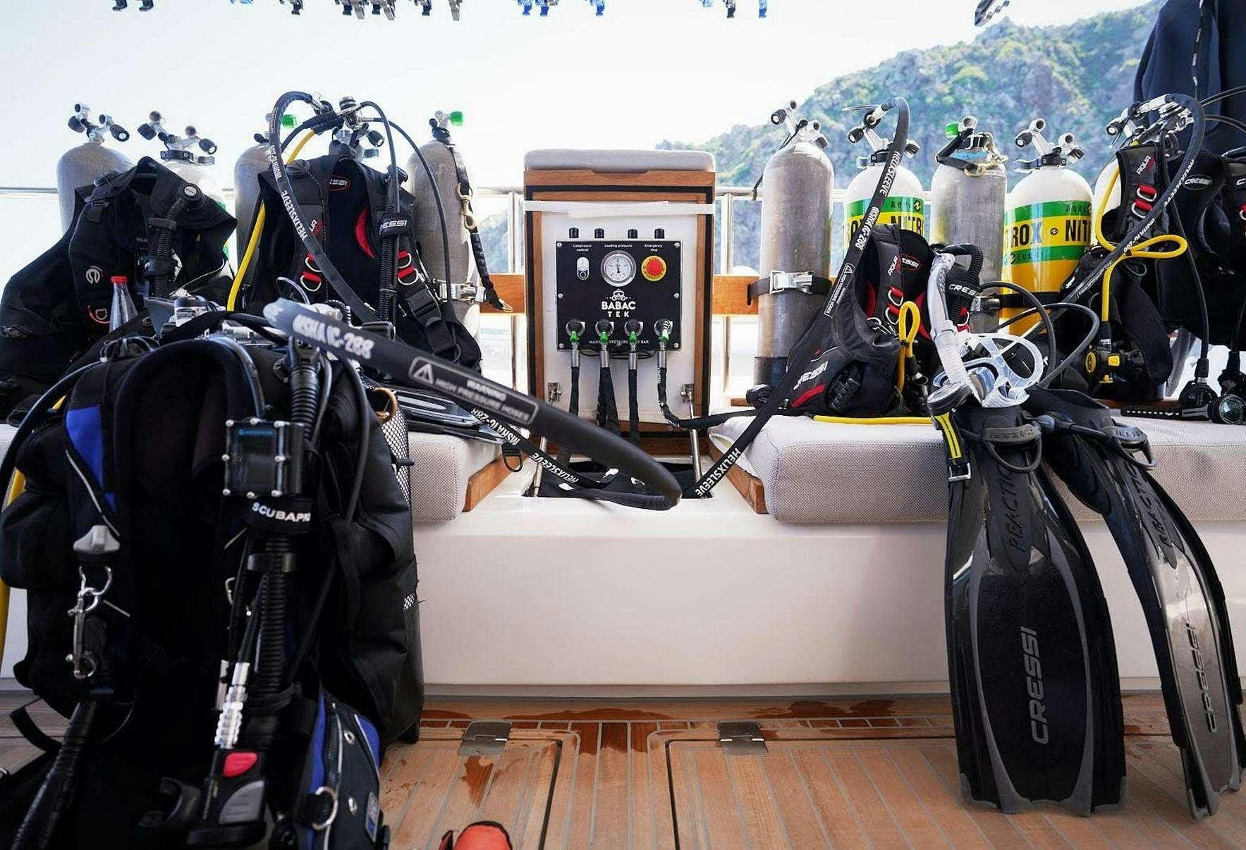 a group of cameras on a wooden surface aboard BABAC Yacht for Charter