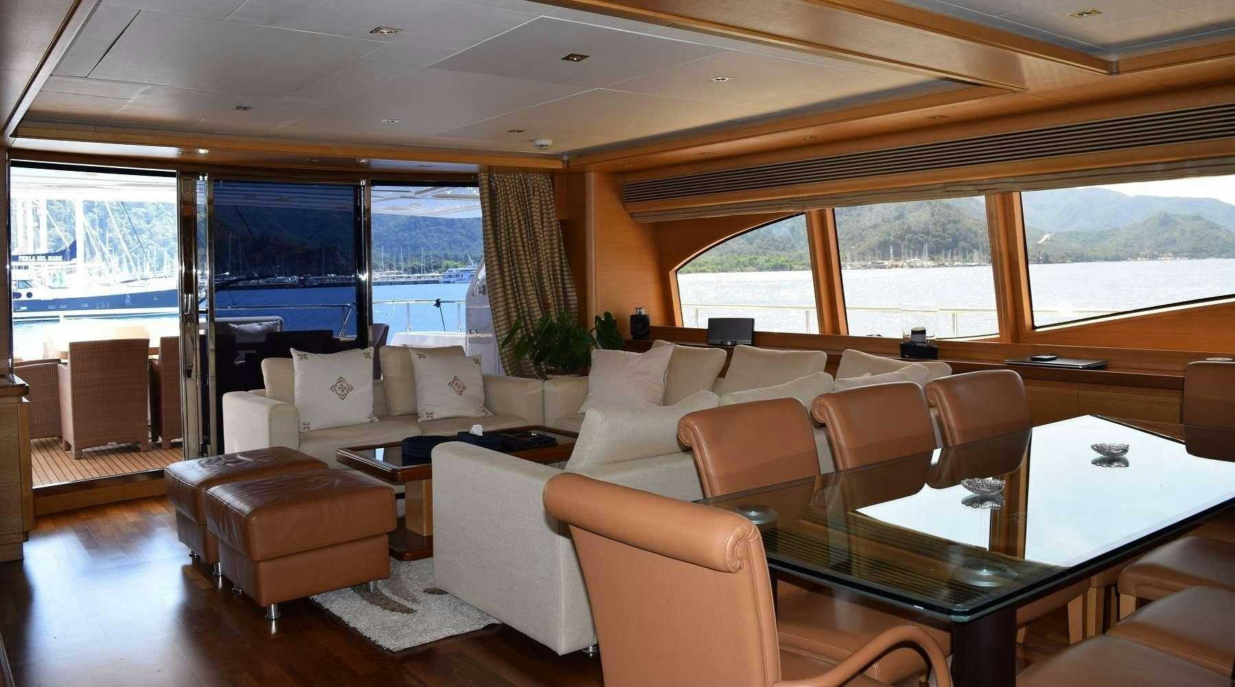 a living room with a large window aboard SEA LION II Yacht for Charter