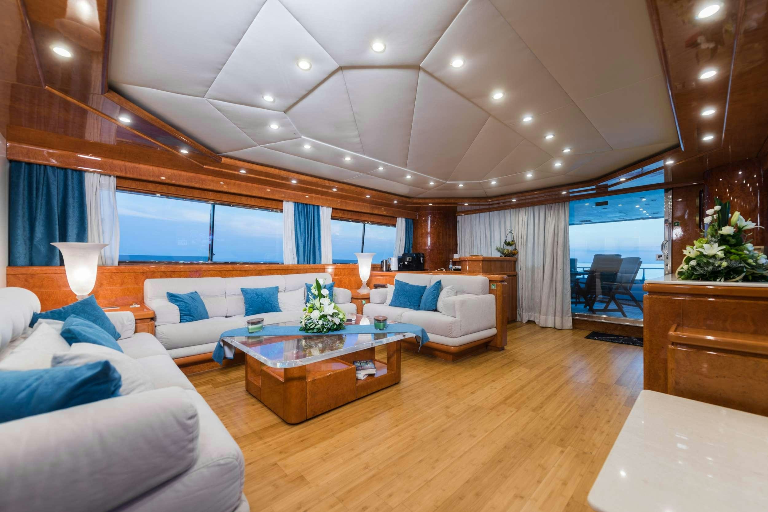 a living room with a large window aboard BORA BORA Yacht for Charter