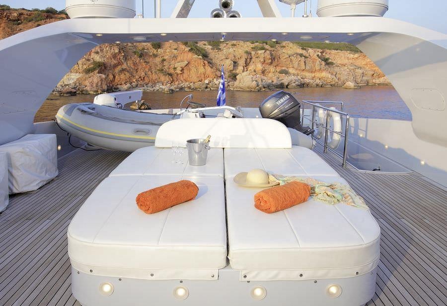 a hot dog and a plate of food on a boat aboard GLAROS Yacht for Charter