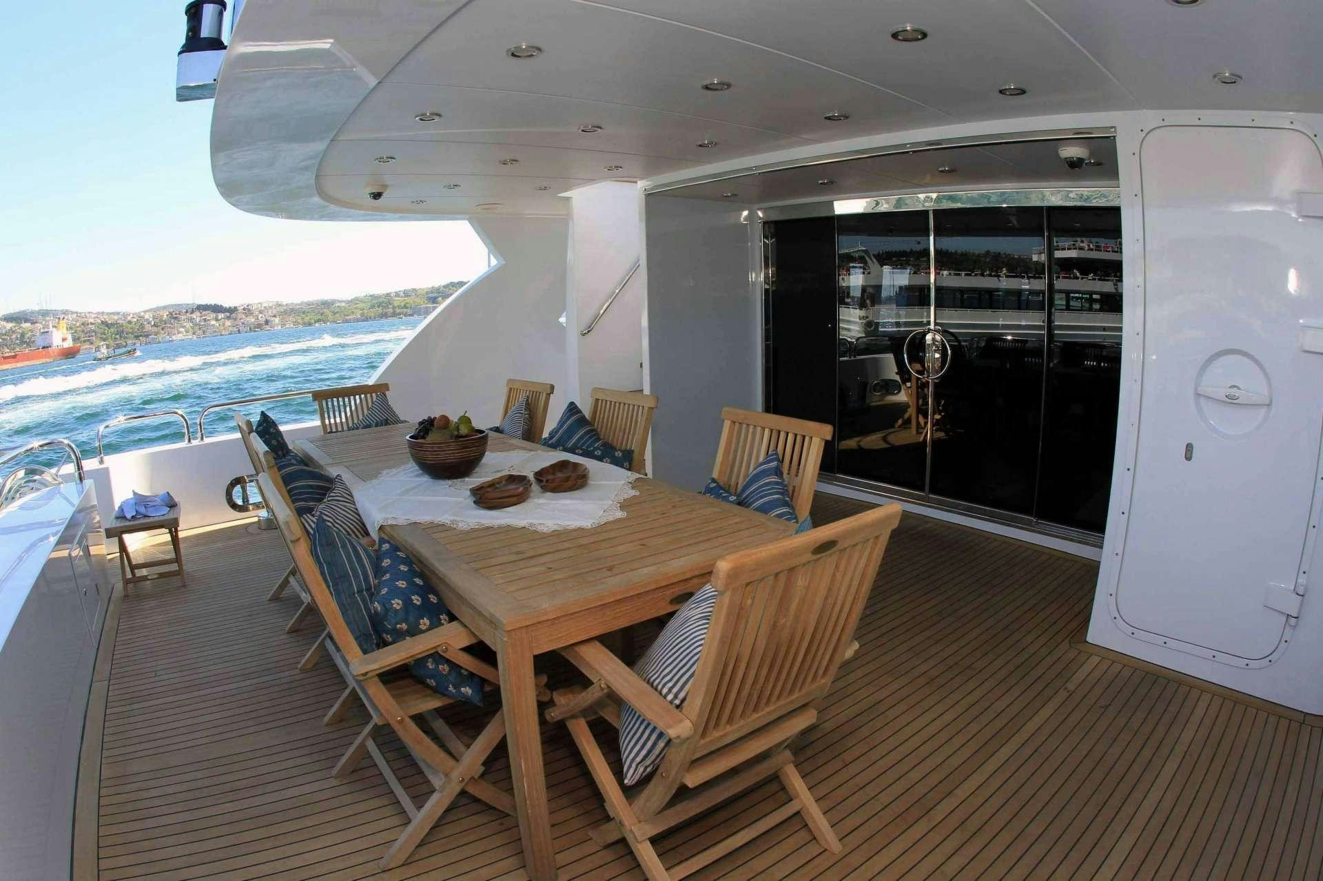 a dining table on a deck aboard SMYRNA Yacht for Charter