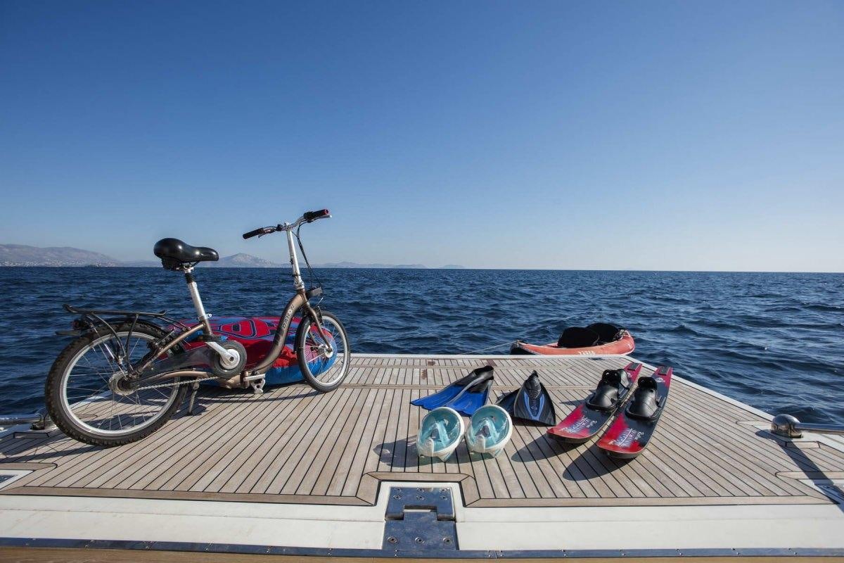 a bicycle parked on a dock aboard DAY OFF Yacht for Charter