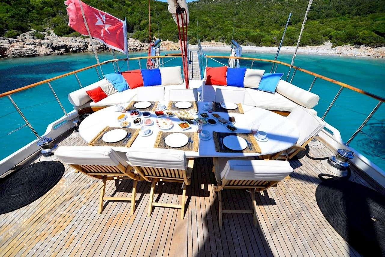 a pool with lounge chairs and umbrellas on a sunny day aboard MIA 1 Yacht for Charter