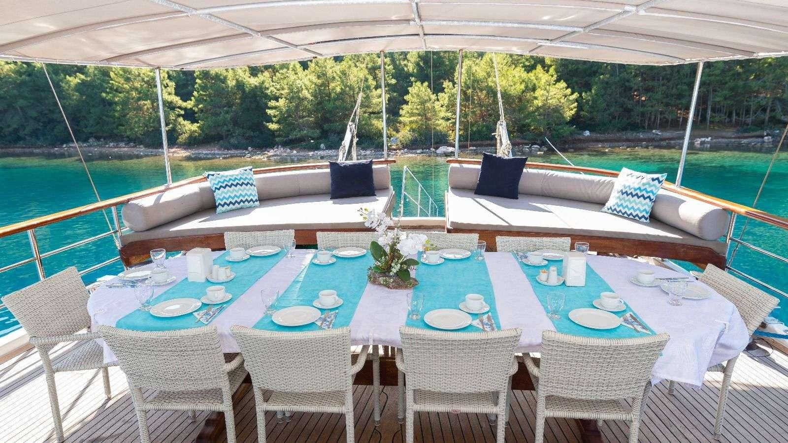 a table set for a party aboard KORAY EGE Yacht for Charter