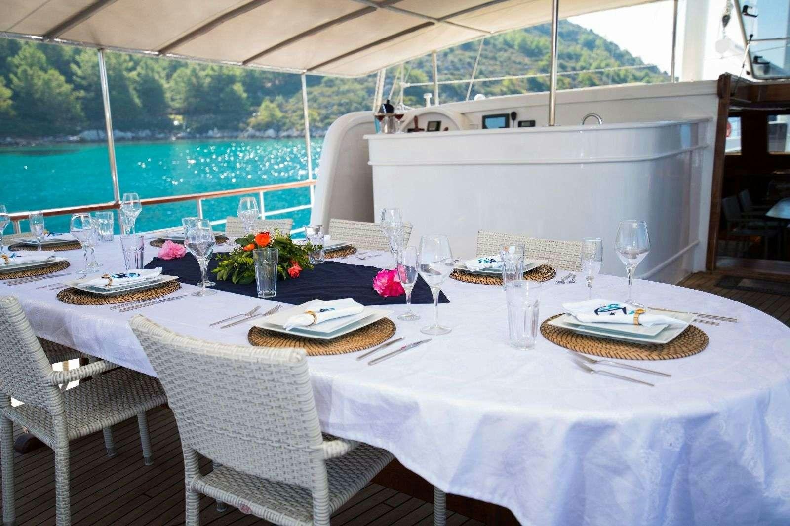 a table set for a dinner aboard KORAY EGE Yacht for Charter