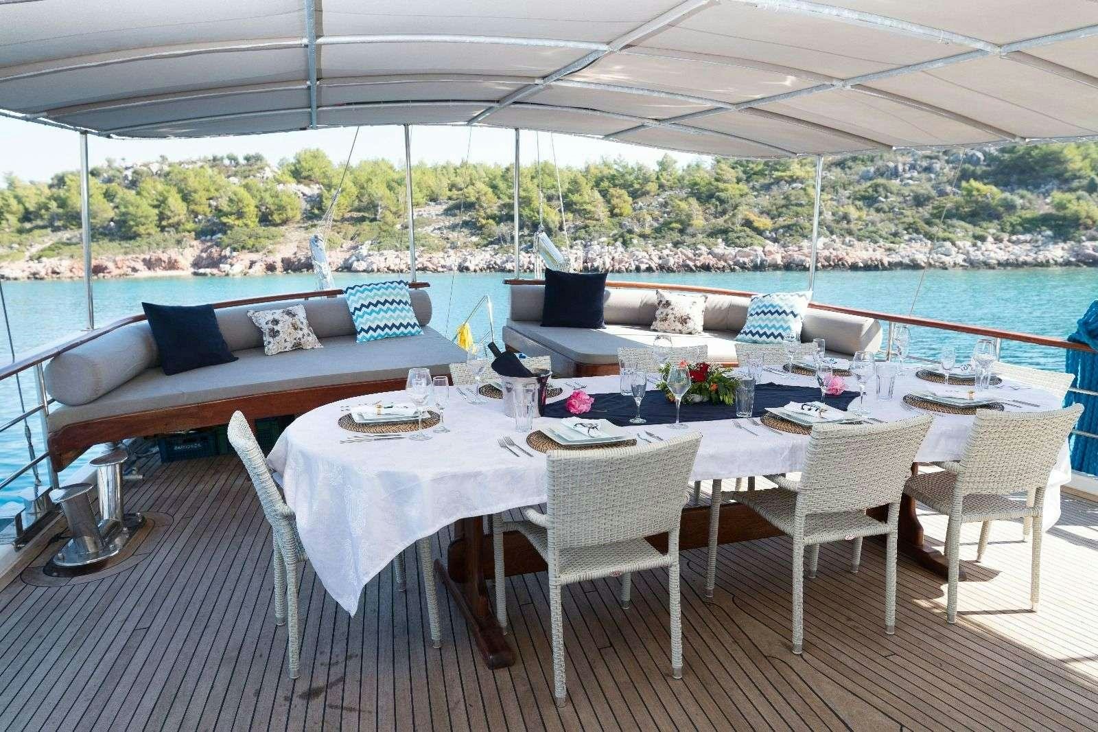 a table set for a meal on a deck overlooking a lake aboard KORAY EGE Yacht for Charter