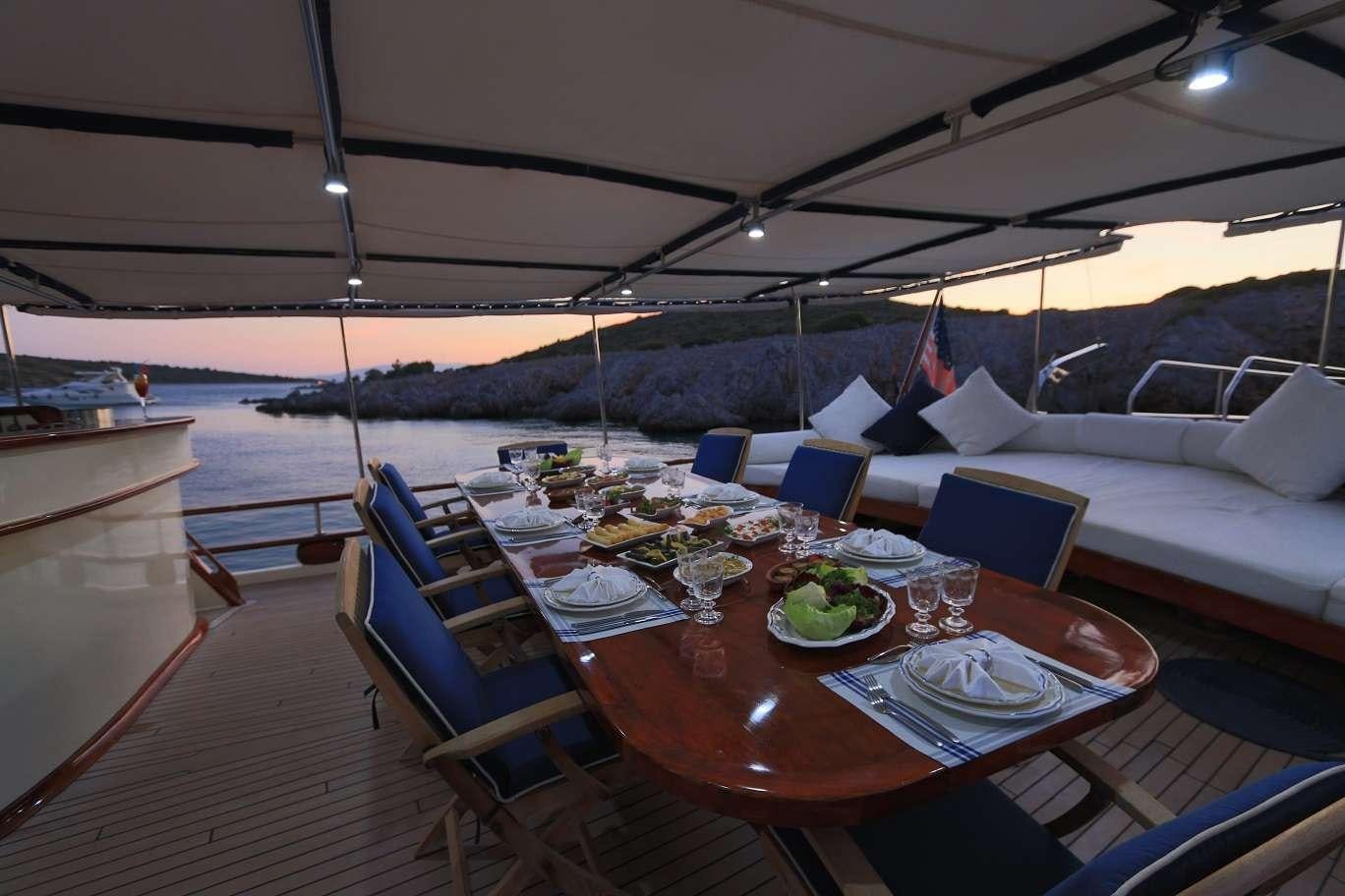 a table with plates and food on it aboard KANARYA Yacht for Charter
