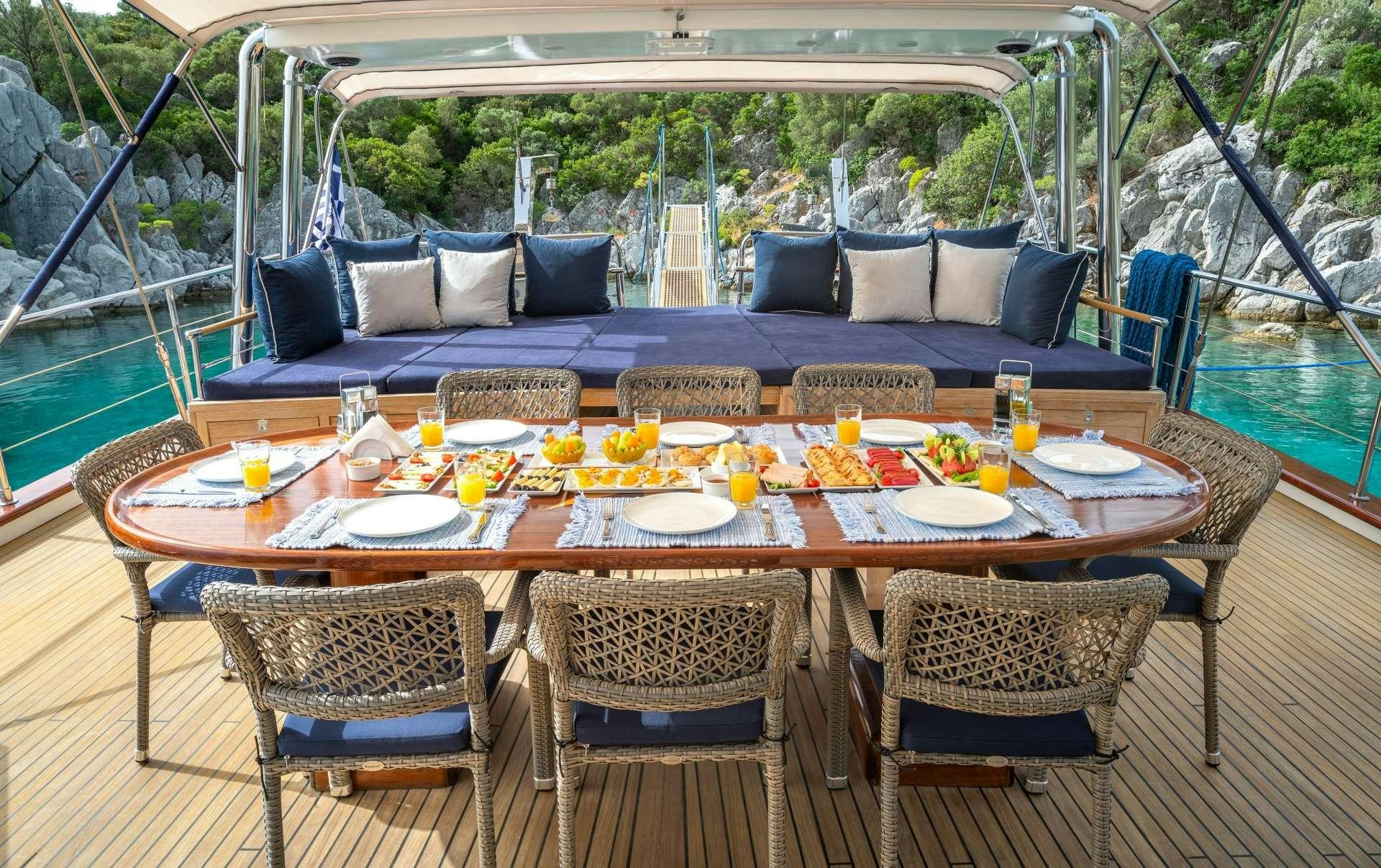 a table set with food and drinks aboard VIVA SHIRA Yacht for Charter