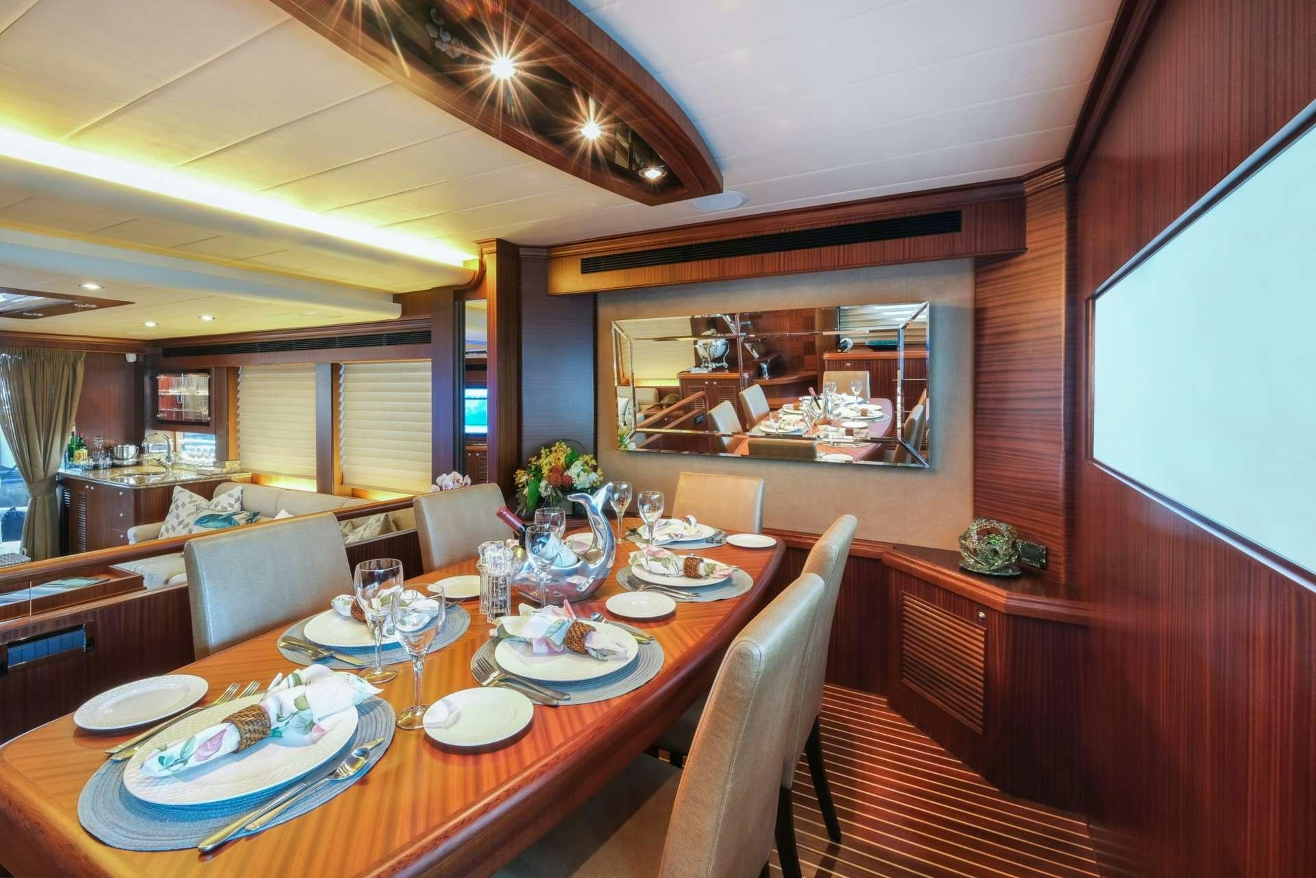 a dining table with plates and glasses aboard SILVER LINING Yacht for Charter