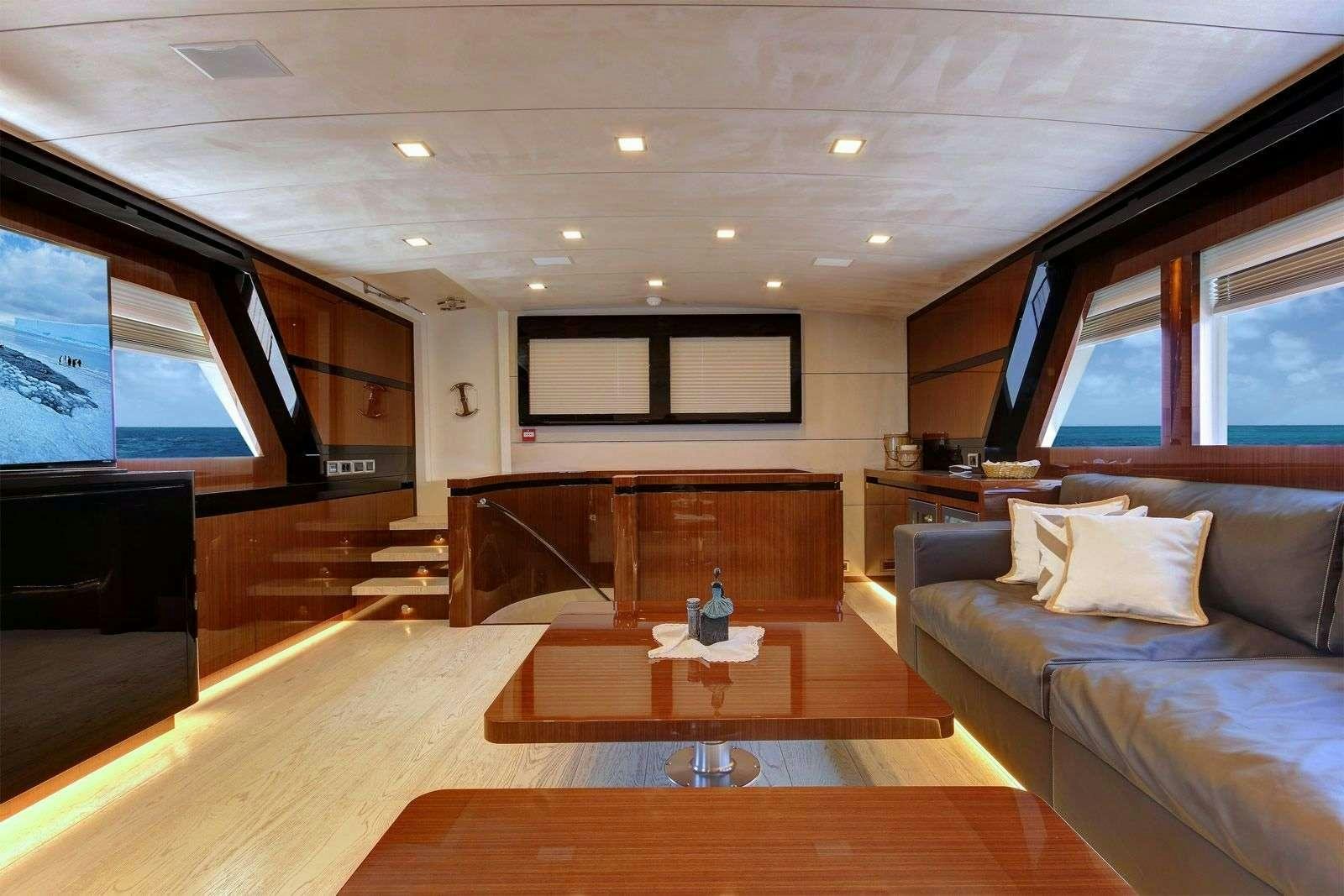 a living room with a large screen aboard MOSS Yacht for Charter