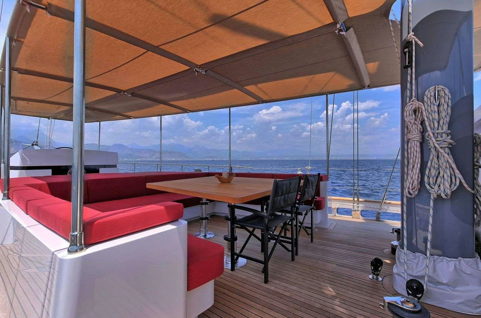 a room with a table and chairs aboard MOSS Yacht for Charter