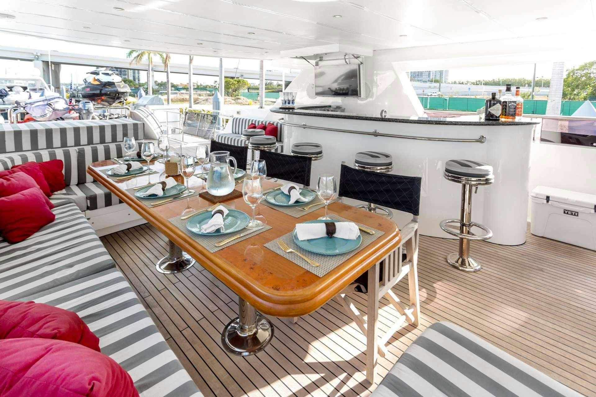 a table with plates and glasses on it aboard JULIA DOROTHY Yacht for Charter