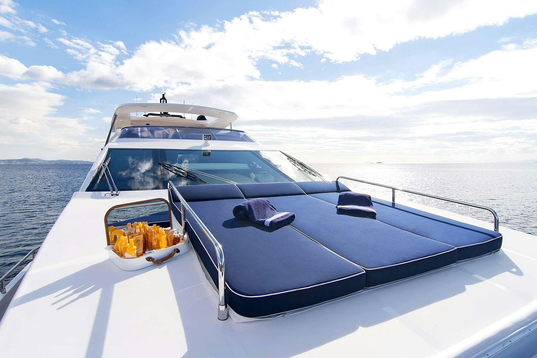 a boat with a dog on it aboard MEMORIES TOO Yacht for Charter