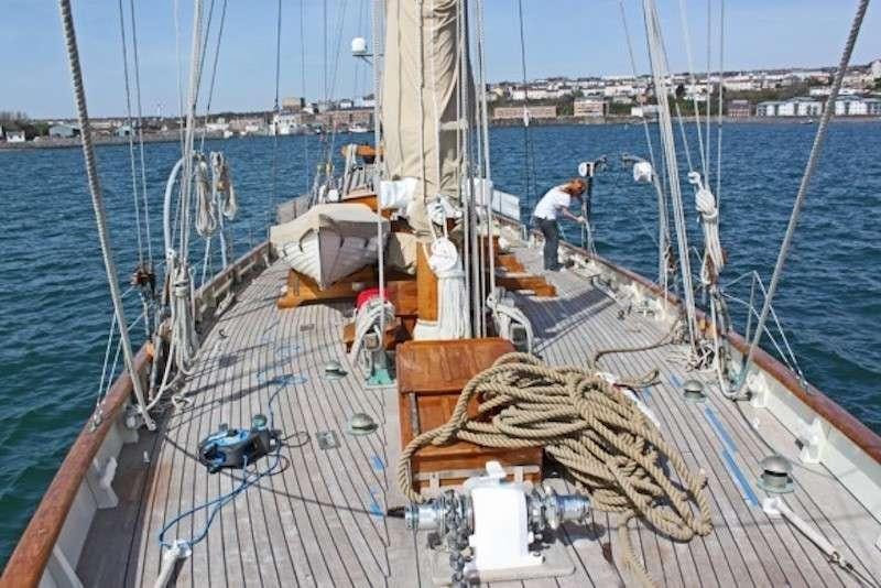a boat with ropes and ropes aboard Halcyon Yacht for Charter