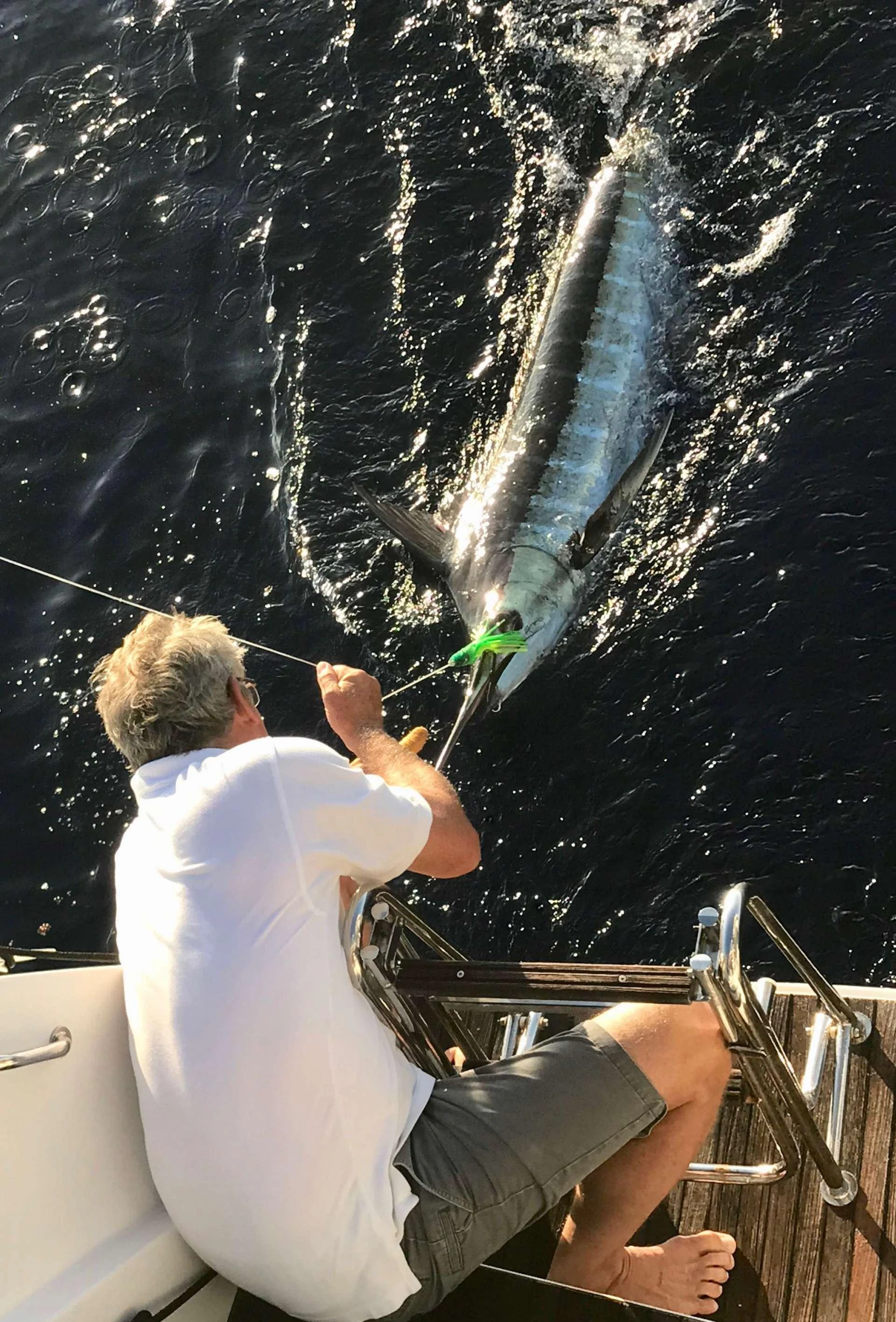 a person fishing in a boat aboard Samoru ll Yacht for Charter