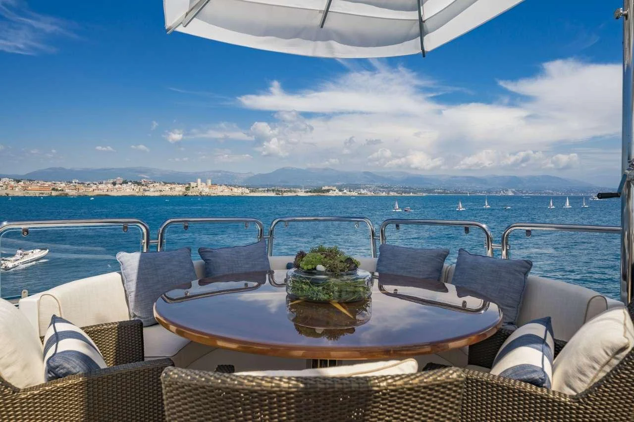 a table with a plant on it aboard AURA Yacht for Charter