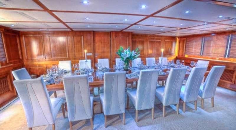 a large room with tables and chairs aboard SANSSOUCI STAR Yacht for Charter