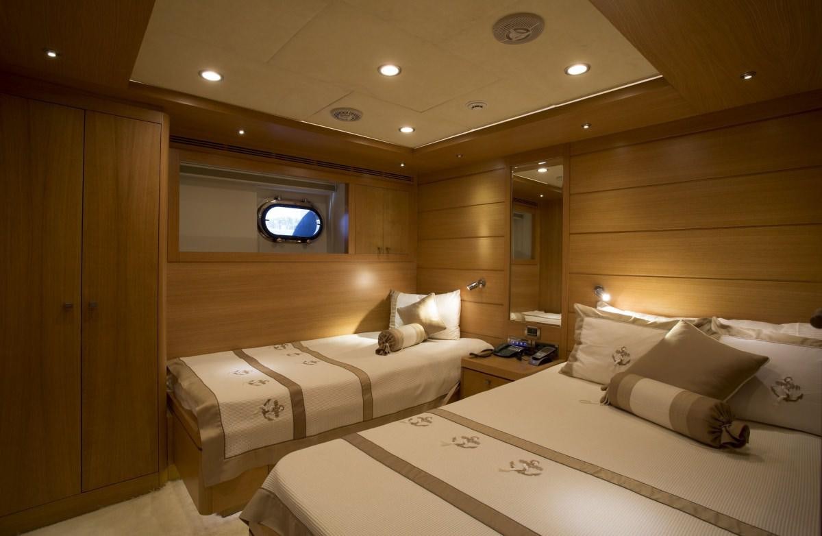 a room with beds and a tv aboard PANFELISS Yacht for Charter