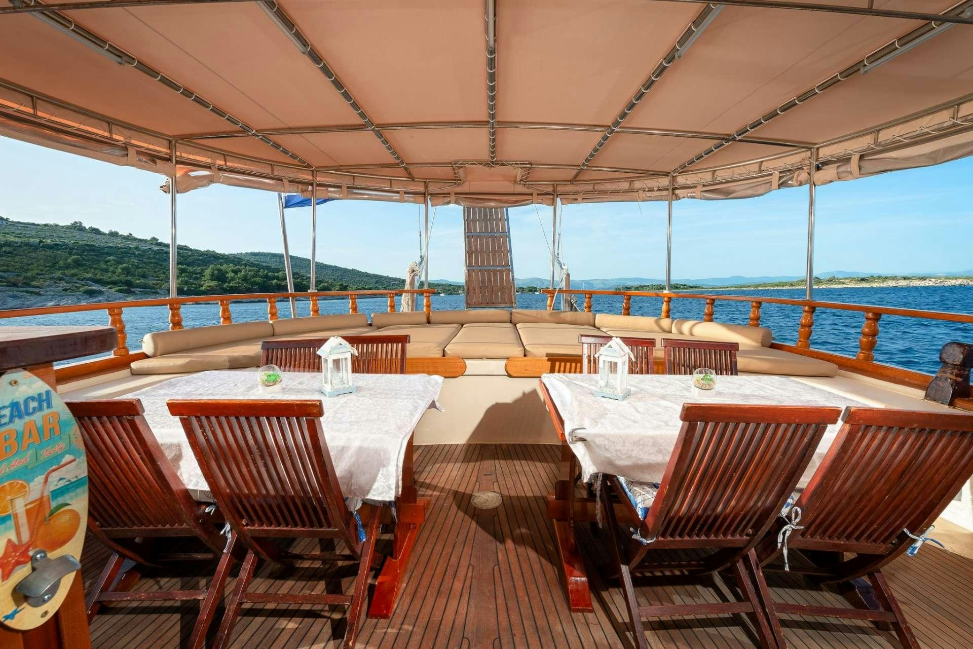 a deck with tables and chairs aboard Dona Yacht for Charter