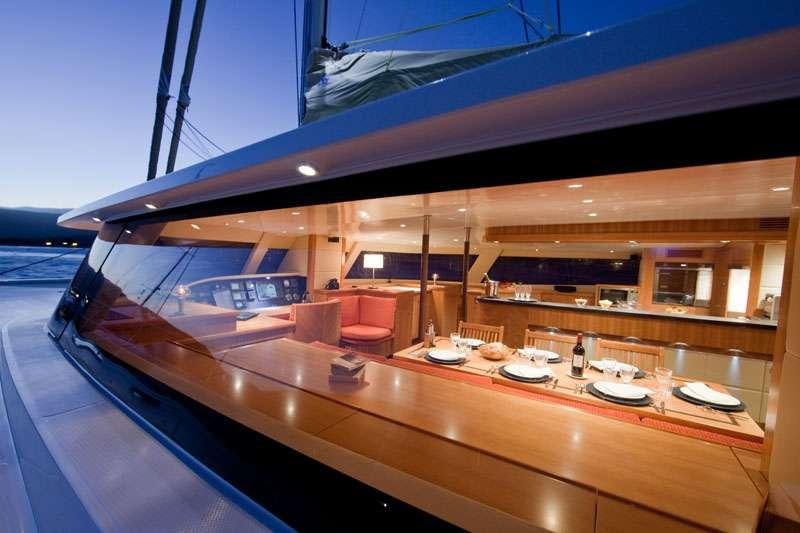 a large kitchen with a large island aboard MOBY DICK Yacht for Charter
