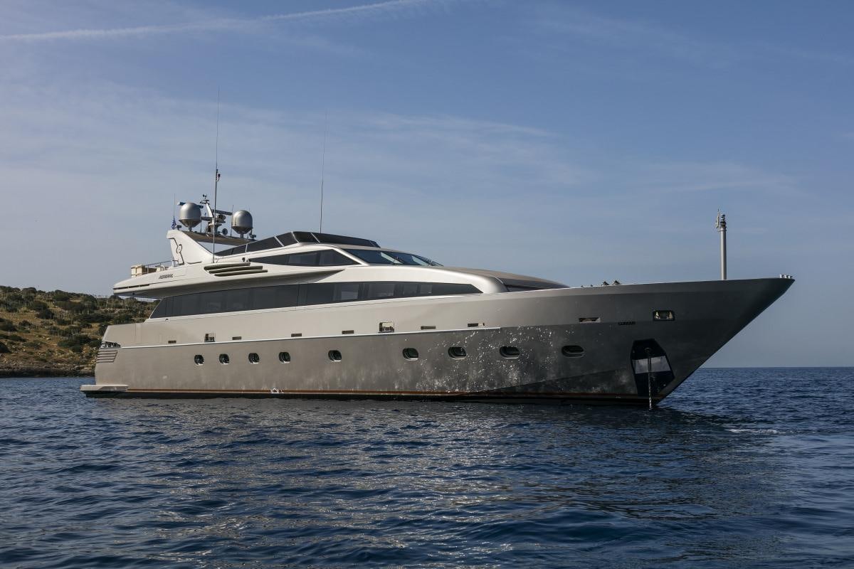 a large white yacht in the water aboard XANAX Yacht for Charter
