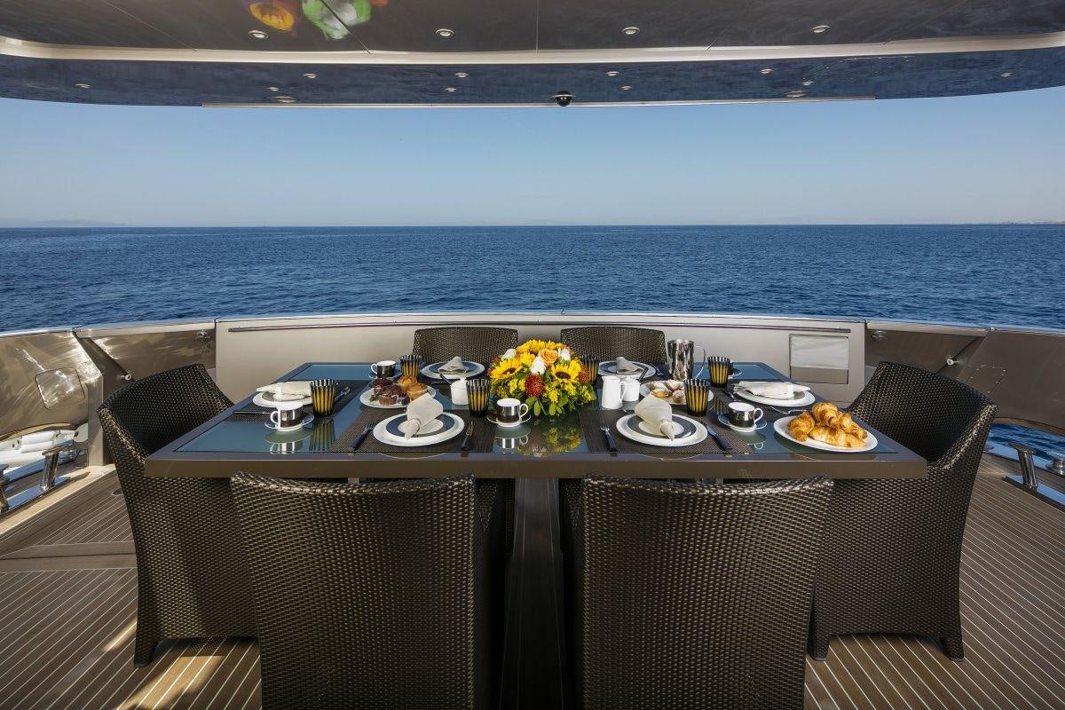 a table with plates and food on it aboard XANAX Yacht for Charter