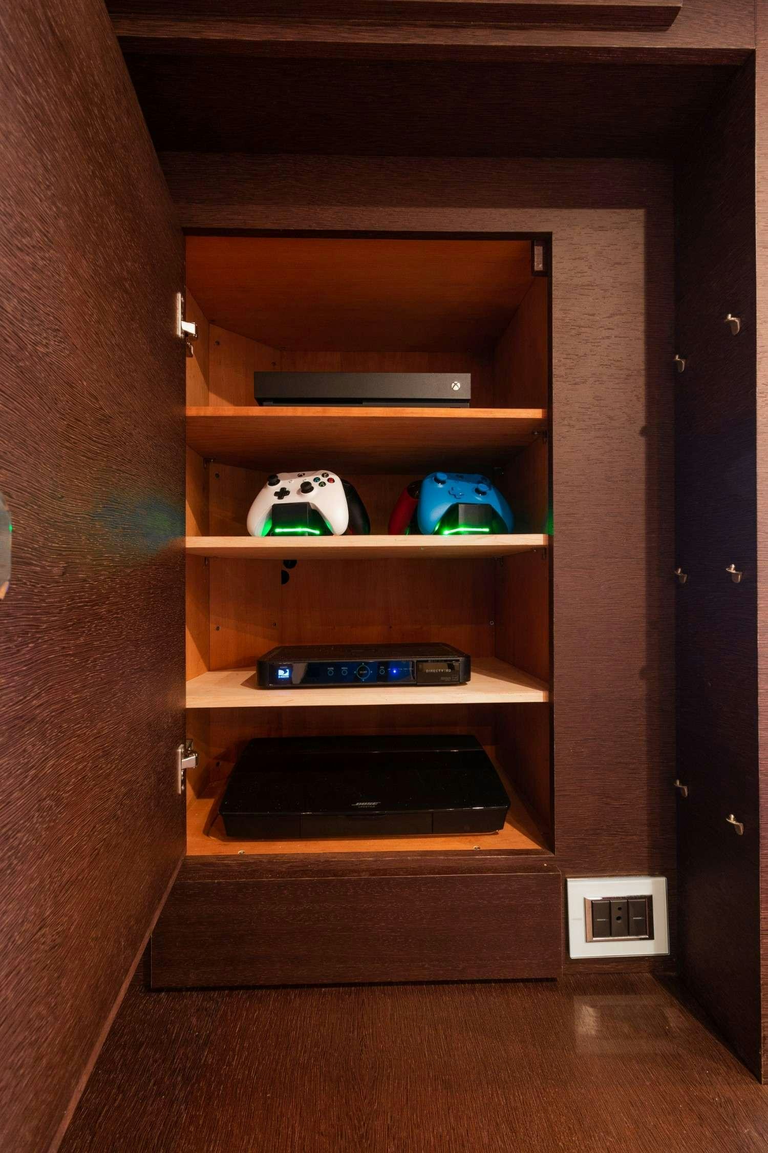 a shelf with a shelf aboard Scarlet Yacht for Charter