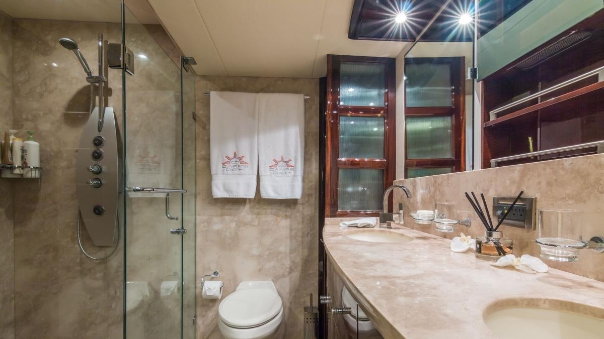 a bathroom with a shower and sink aboard CARPE DIEM Yacht for Charter