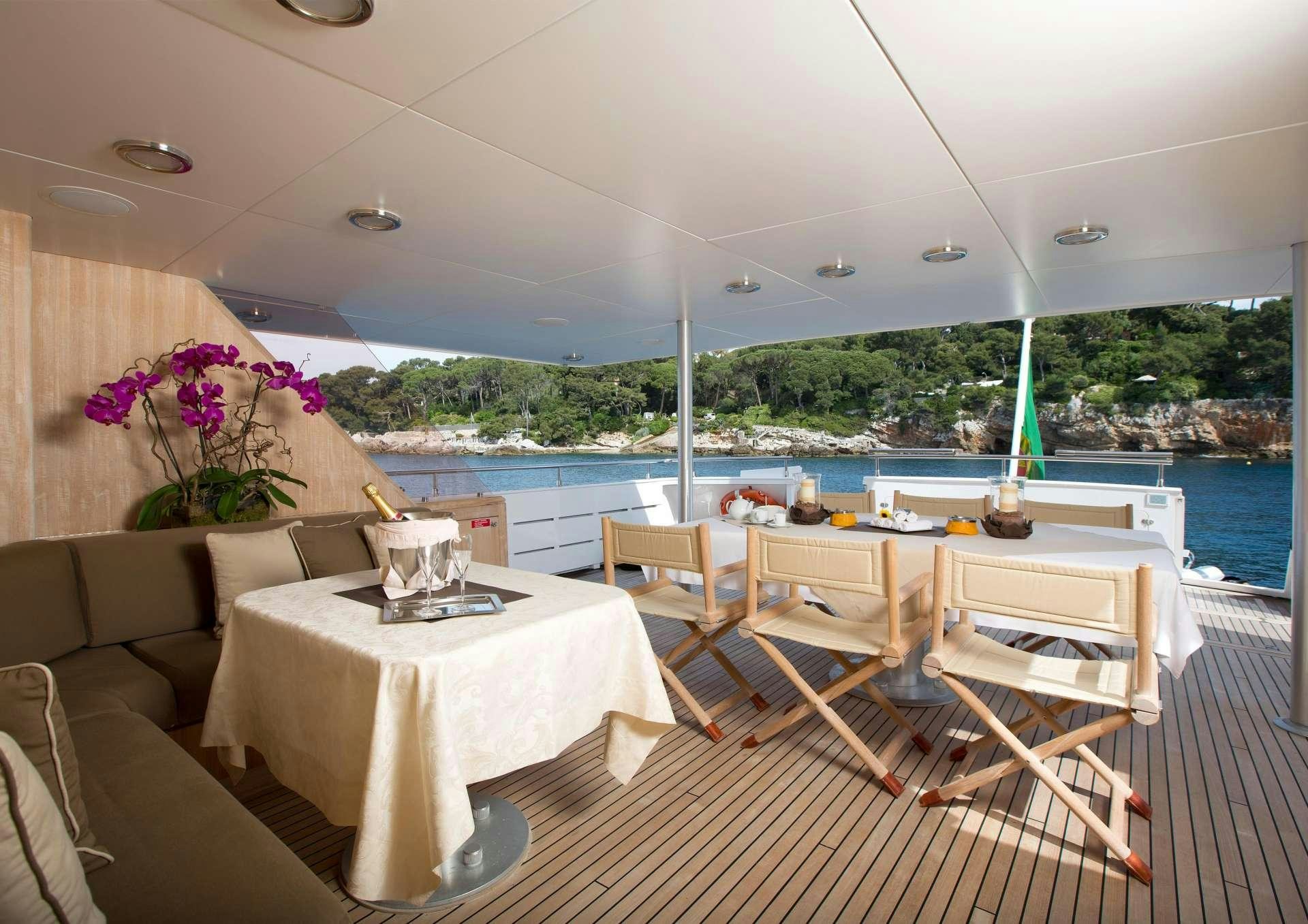 a room with tables and chairs aboard SUNLINER X Yacht for Charter