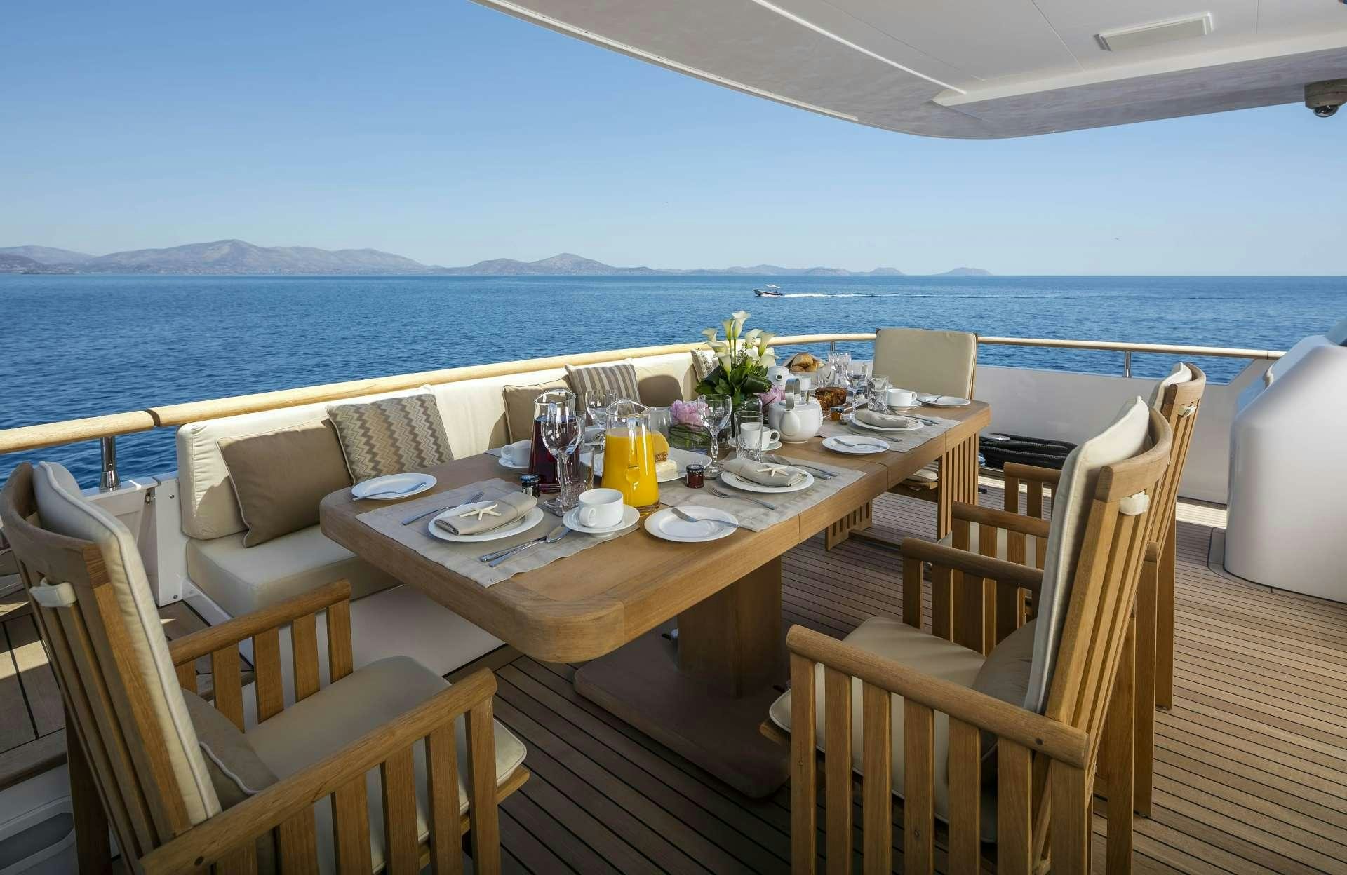 a table set for a meal on a deck overlooking the ocean aboard ALEXIA AV Yacht for Charter