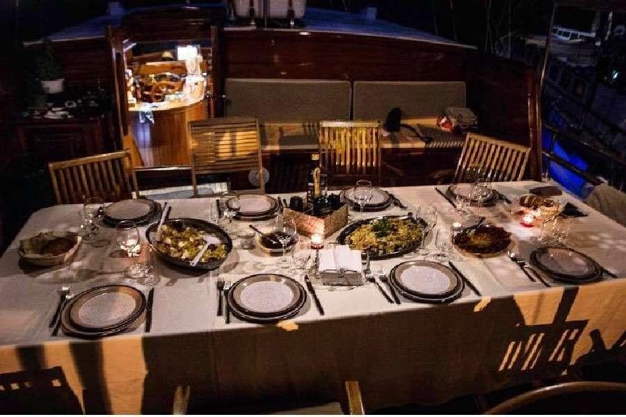 a table with plates and food on it aboard Donna Marisa Yacht for Charter