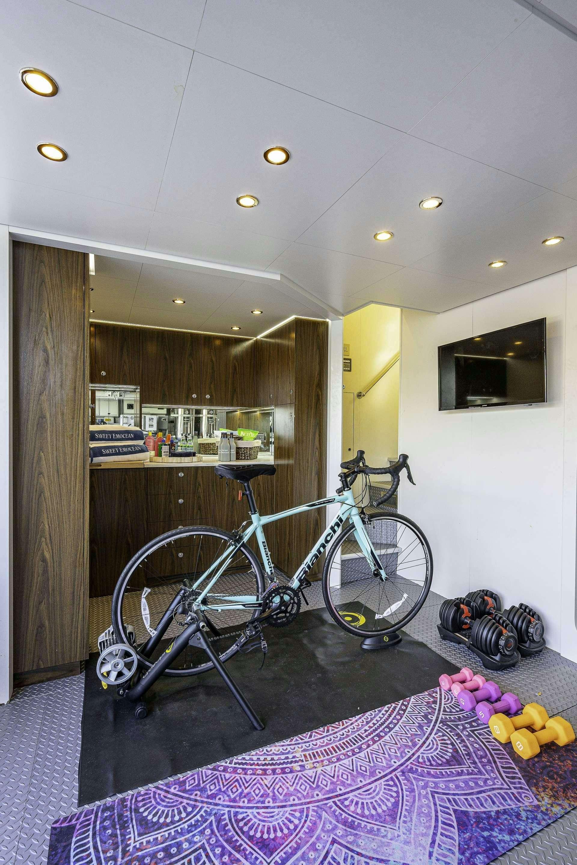 a bicycle parked in a room aboard SWEET EMOCEAN Yacht for Charter