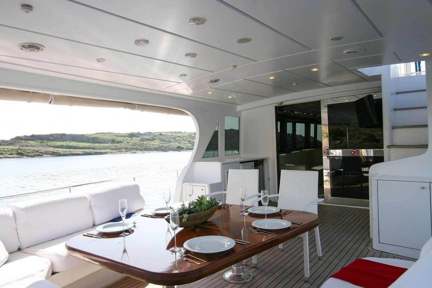 a large living room with a large table and chairs aboard CANEREN Yacht for Charter