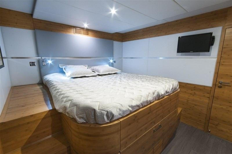 a bed in a room aboard SKYLARK Yacht for Charter