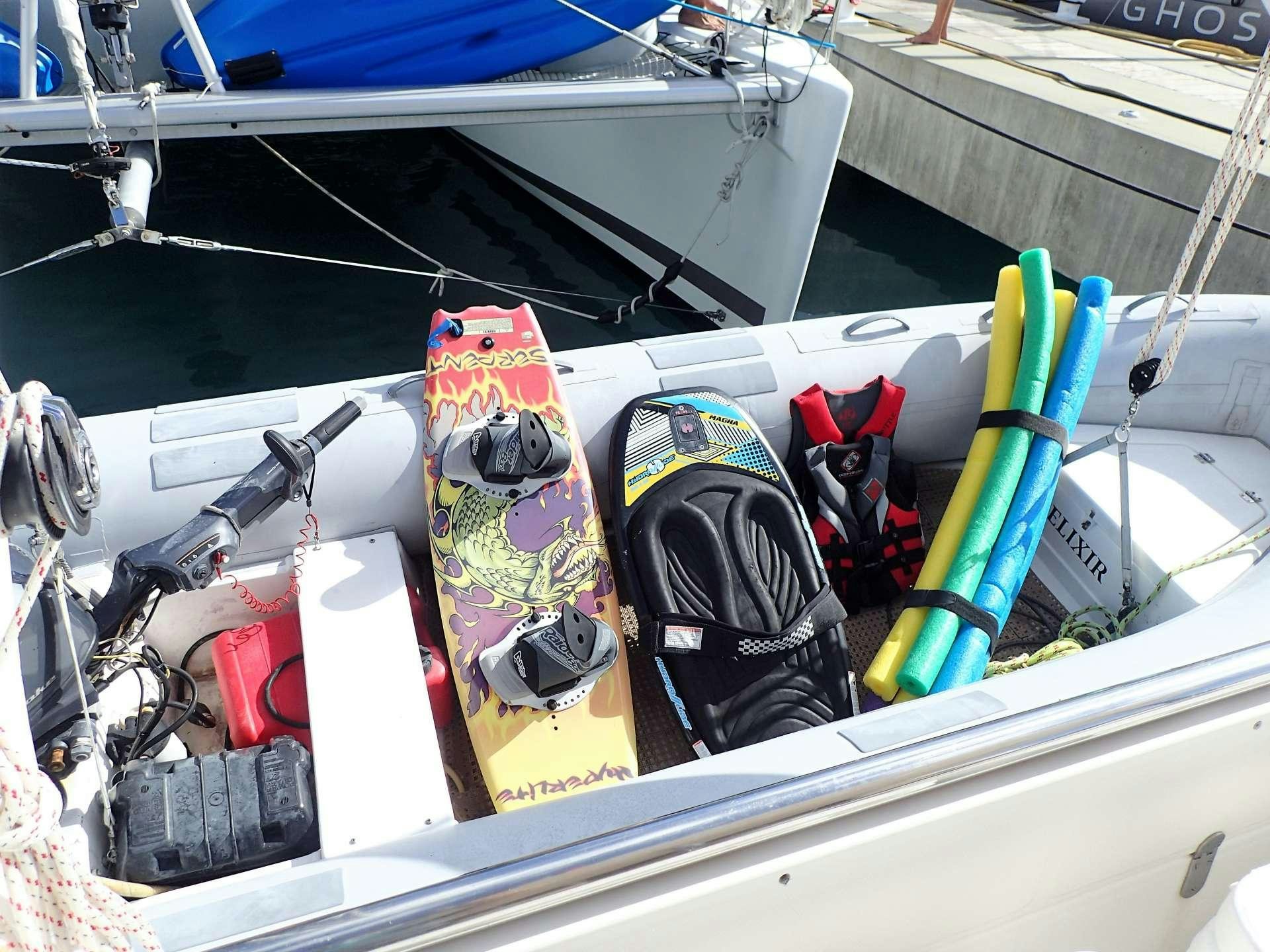 a boat with a snowboard and boots on it aboard ELIXIR Yacht for Charter