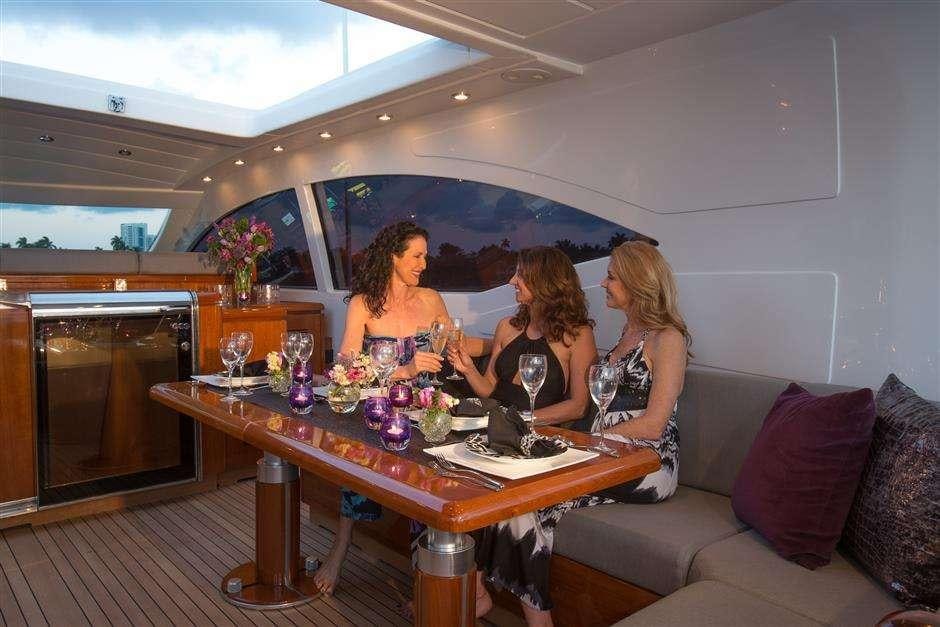 a group of women sitting at a table with food on it aboard YCM Yacht for Charter