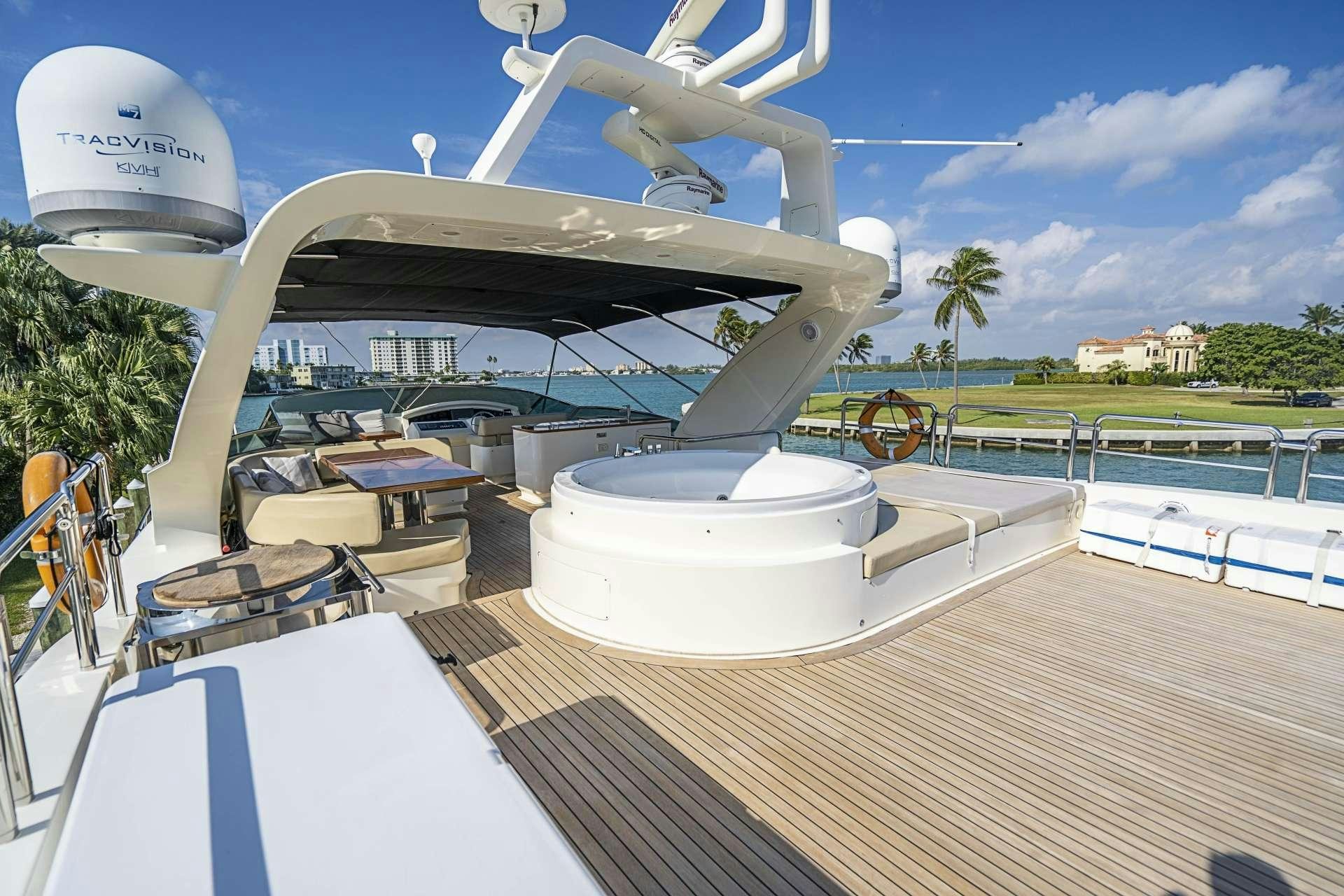 a large white boat on a deck aboard INTERVENTION Yacht for Charter