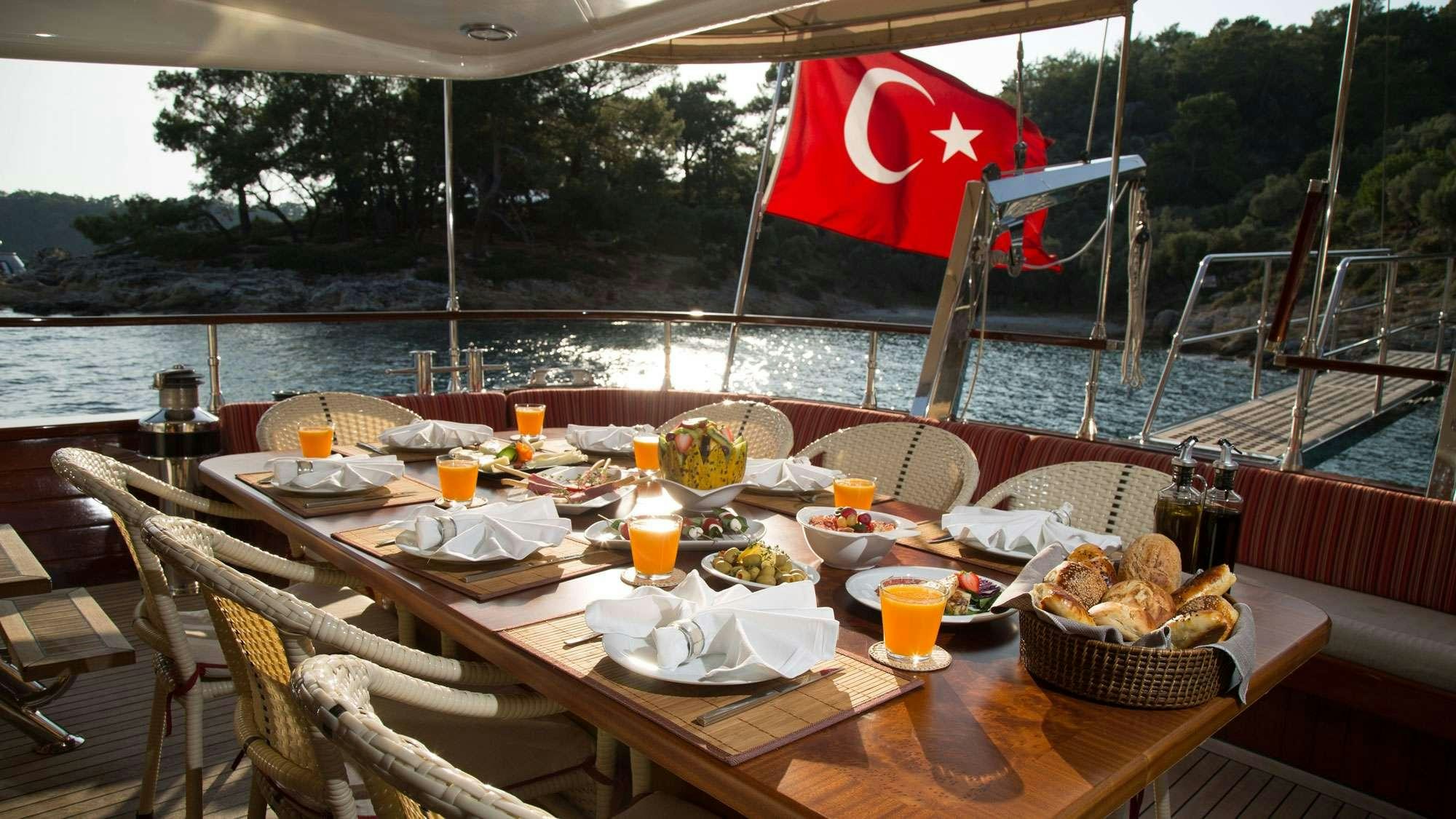 a table with food on it aboard SERENITY 86 Yacht for Charter