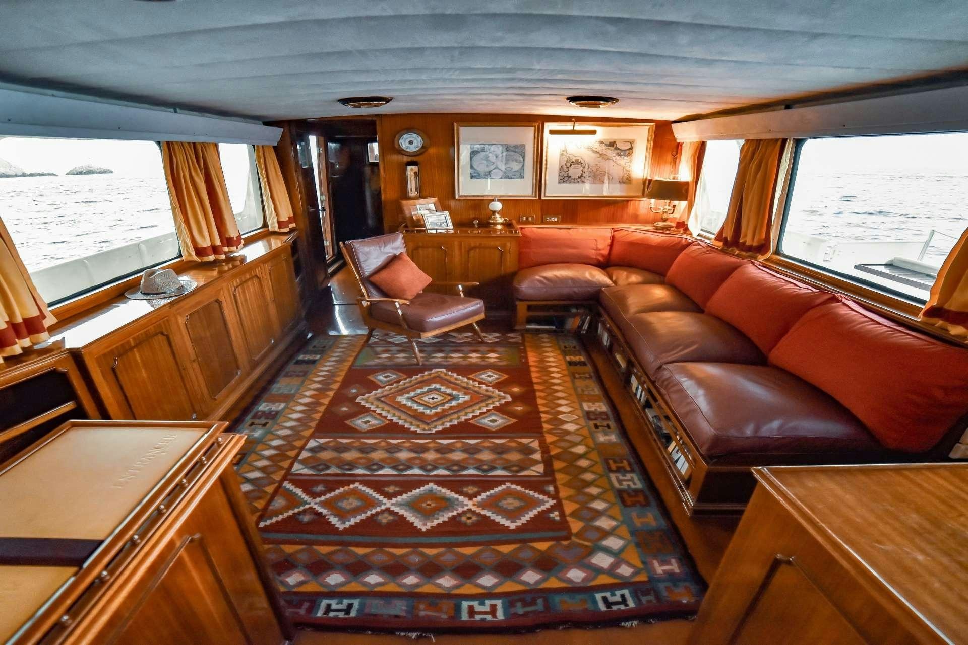 a living room with a rug aboard ENTRANCER Yacht for Charter
