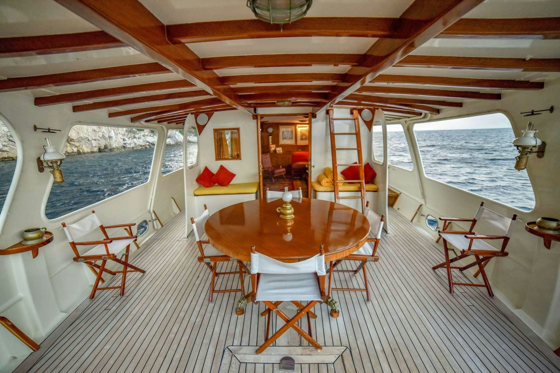 a boat with tables and chairs aboard ENTRANCER Yacht for Charter