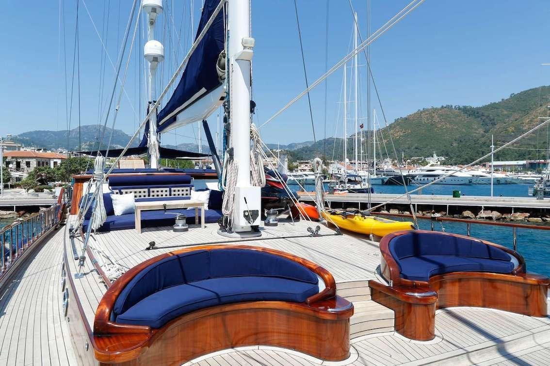 a boat on a dock aboard VOYAGE Yacht for Charter