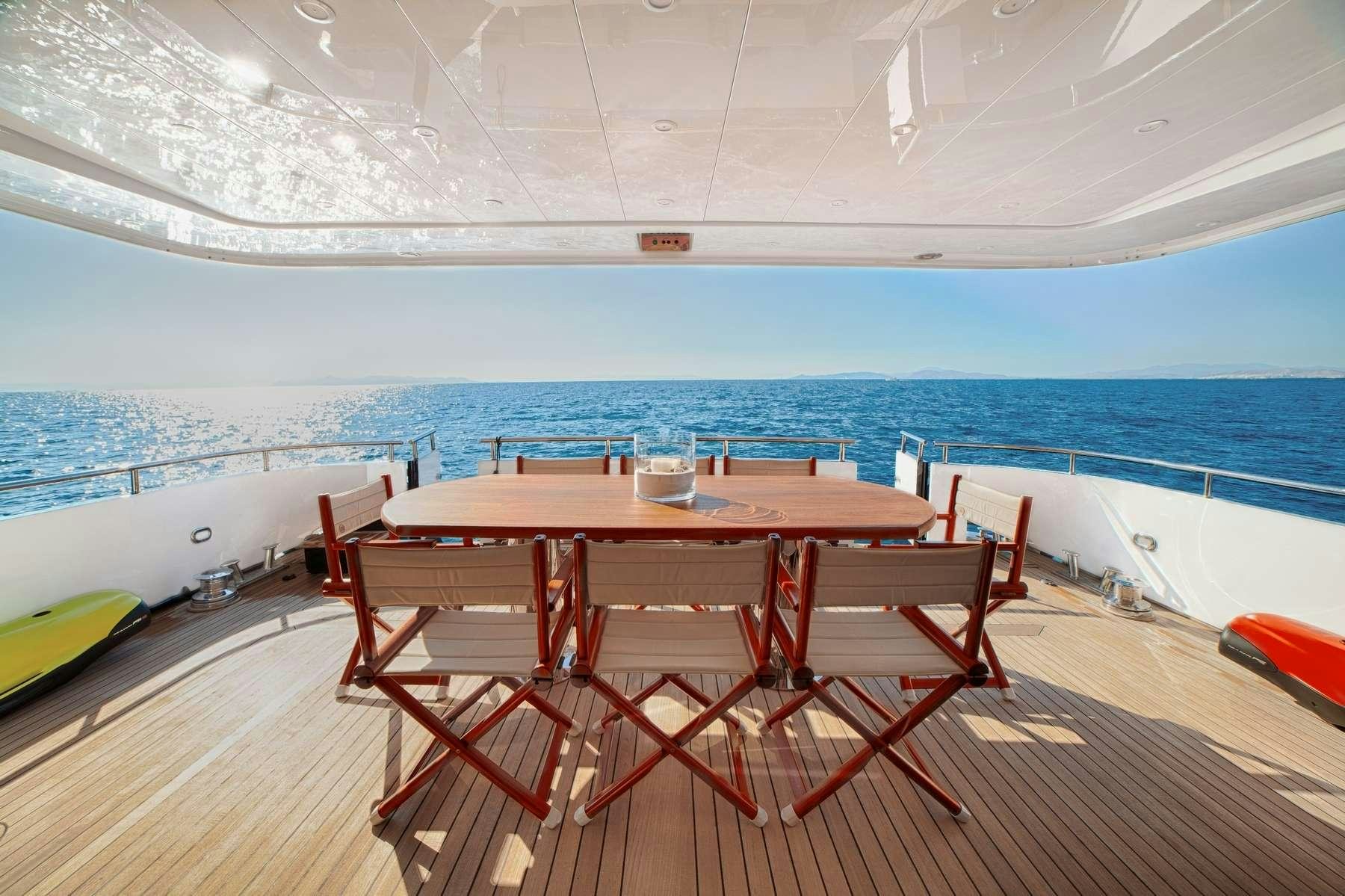a table and chairs on a deck aboard ZOI Yacht for Charter