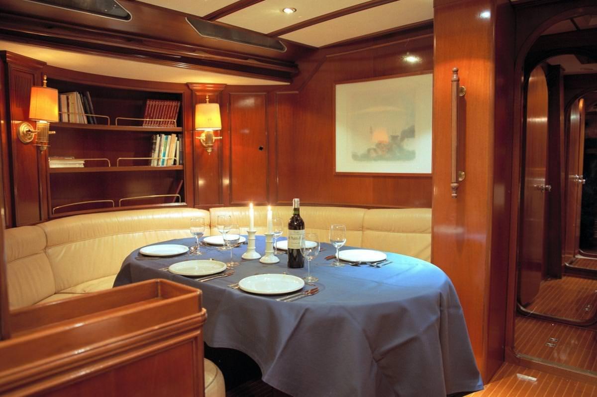 a table with plates and glasses on it aboard ICHIBAN Yacht for Charter
